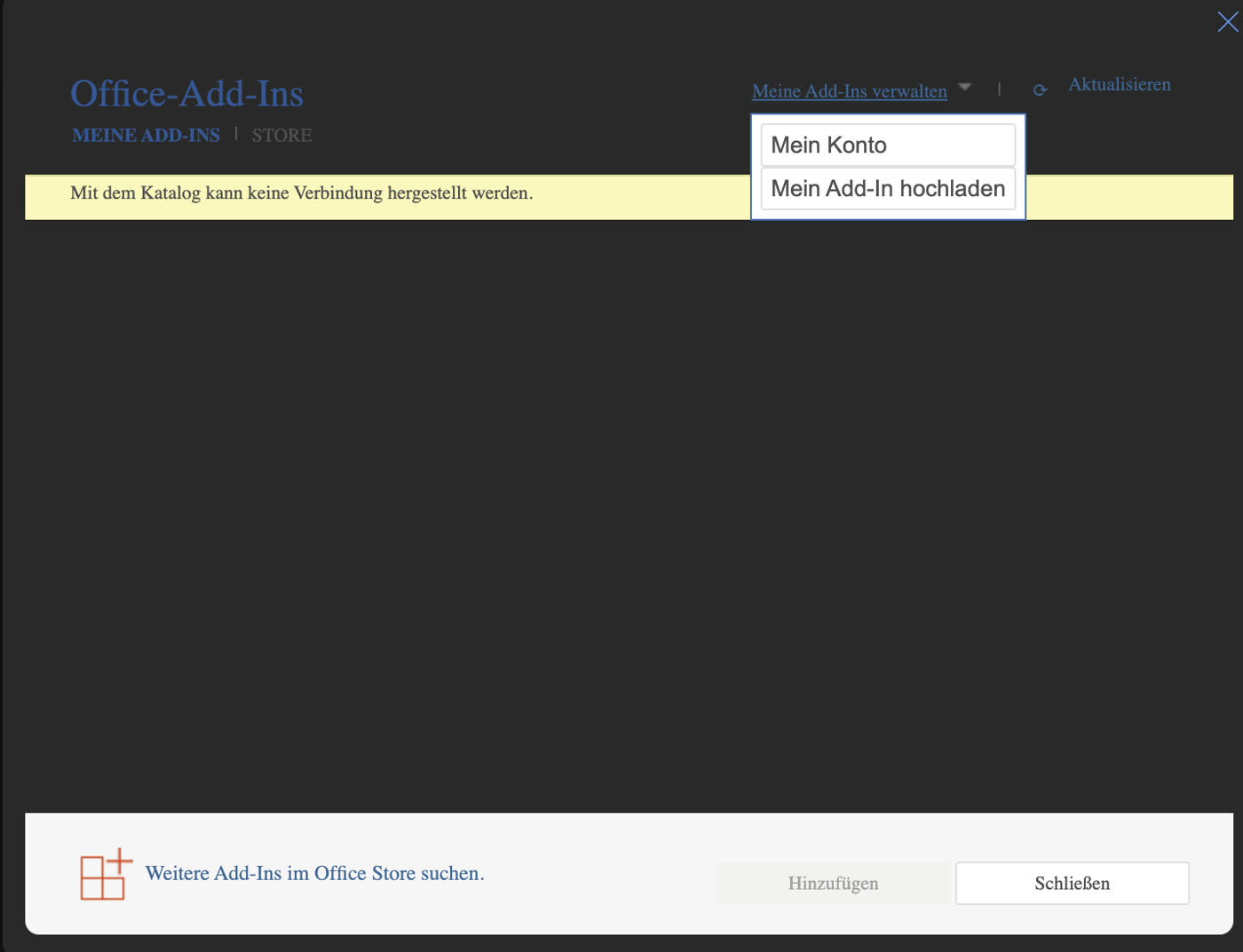 Menü „Meine Add-Ins verwalten" mit dem Eintrag „Mein Add-In hochladen"