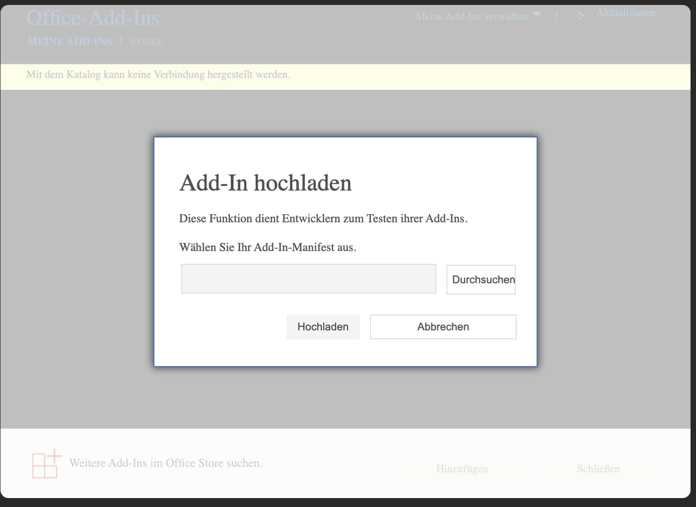 Dialog „Add-In hochladen" – Manifest-Datei auswählen