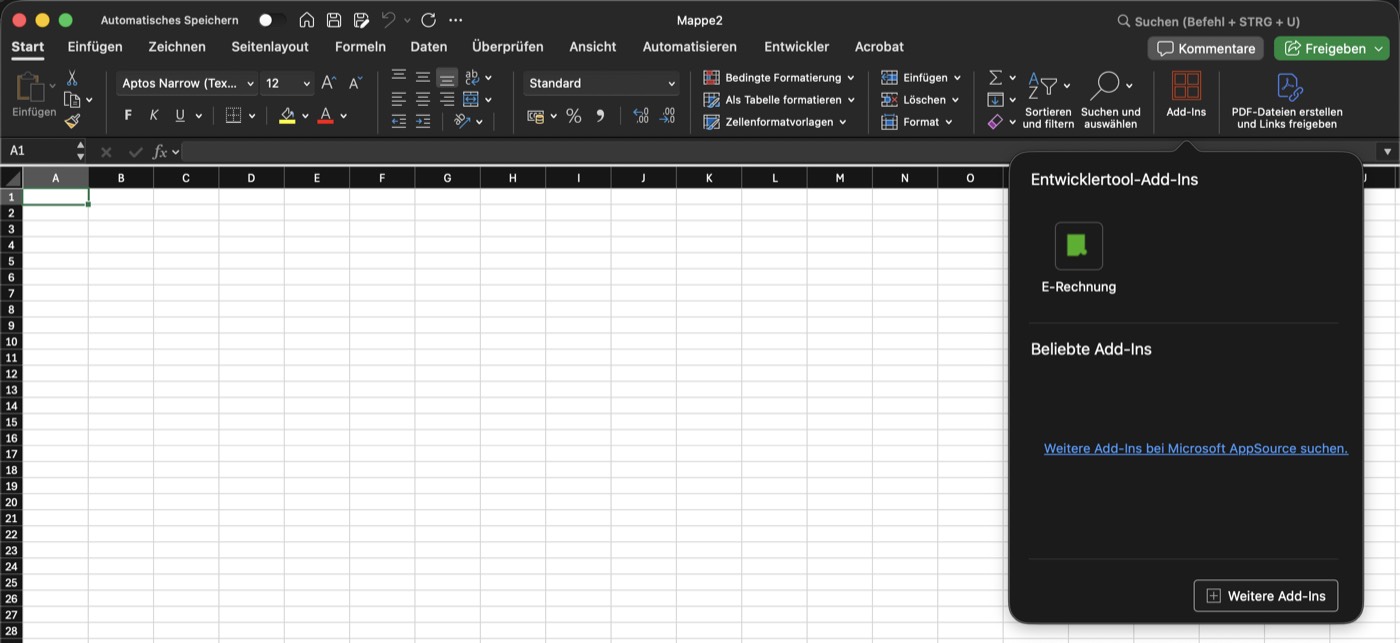 Menü „Add-Ins" in Excel für Mac mit dem Eintrag „E-Rechnung" unter „Entwicklertool-Add-Ins"